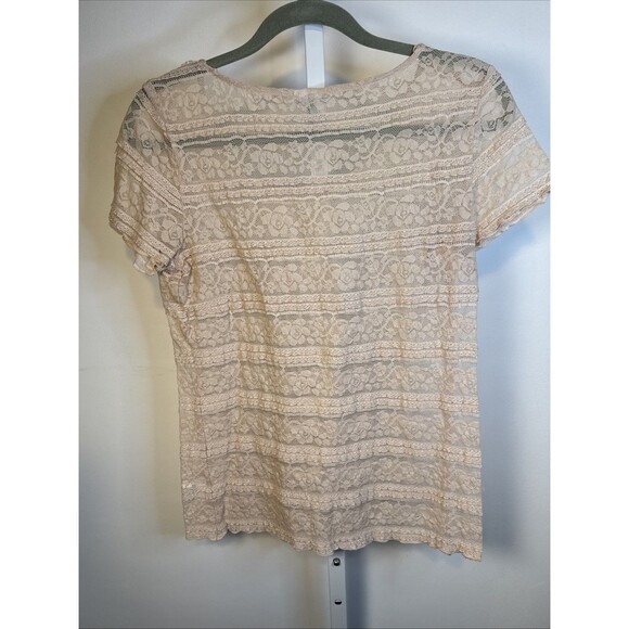 Elle Beige Lace Short Sleeve Top M Women Sheer Festival Layering coquette - Picture 4 of 4